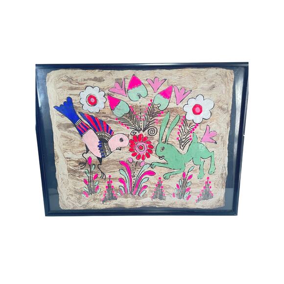 None Other - Vintage Mexican Amate Fold Art Bark Paper Bright Floral Bird Rabbit Painting